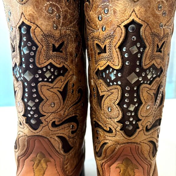 Corral Antique Saddle Metal Cross Square Toe‎ Metal Stud Boots C1167 Size 7 M - Picture 3 of 15